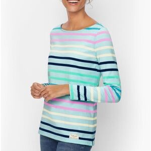 NWT Striped Boat Neck Tee MP 100% Cotton Aqua Blue Talbots Authentic Long Sleeve